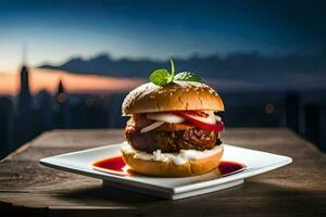 a burger with sauce and a city view. AI-Generated photo
