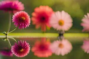 pink flowers are reflected in the water. AI-Generated photo