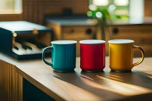 three colorful coffee mugs on a wooden table. AI-Generated photo