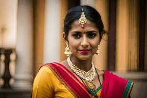 a beautiful indian woman wearing a red and yellow sari. AI-Generated photo