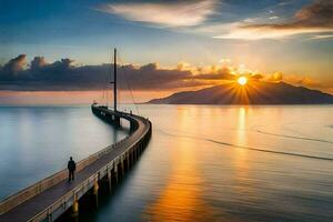 un hombre camina a lo largo un muelle a puesta de sol. generado por ai foto