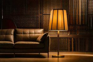 a leather couch and lamp in a room. AI-Generated photo