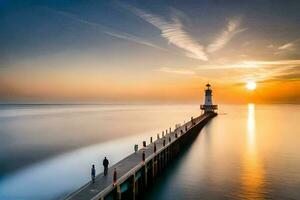 a long pier with a lighthouse at sunset. AI-Generated photo