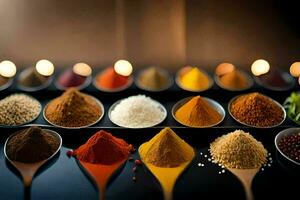 spoons with different types of spices in them. AI-Generated photo