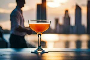 a cocktail sitting on a table in front of a city skyline. AI-Generated photo