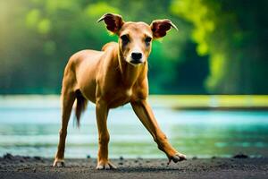 a brown dog is standing on the ground near a lake. AI-Generated photo