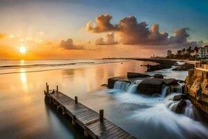 a sunset over the ocean with a wooden dock and water flowing over it. AI-Generated photo