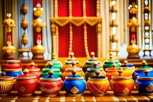 colorful pots and jars lined up on a table. AI-Generated photo