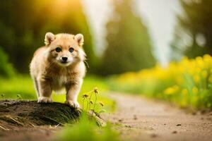 a puppy is standing on a dirt road. AI-Generated photo