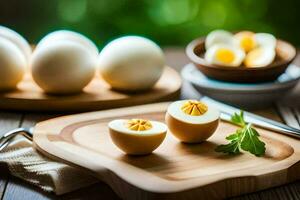 a table with boiled eggs and a knife. AI-Generated photo