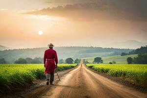 un hombre en rojo caminando abajo un suciedad la carretera. generado por ai foto