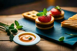 un plato con emparedados y fresas en él. generado por ai foto