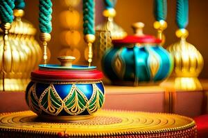 colorful pots and other decorative items on a table. AI-Generated photo