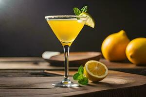 a cocktail with lemon and mint on a wooden table. AI-Generated photo