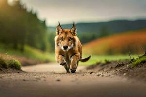 un perro corriendo en un suciedad la carretera. generado por ai foto