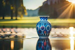 a vase sitting on the water with the sun shining. AI-Generated photo