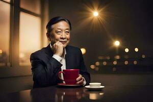 an asian man in a suit sitting at a table with a cup of coffee. AI-Generated photo