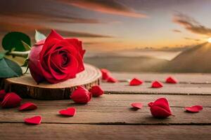 the rose is on a wooden table with petals scattered around it. AI-Generated photo