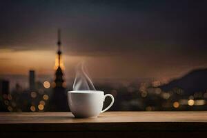 a cup of coffee on a wooden table in front of a cityscape. AI-Generated photo