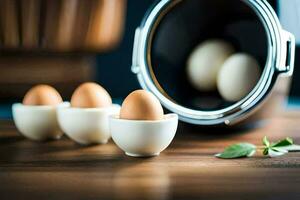 huevos en un cuenco con un maceta de hirviendo agua. generado por ai foto