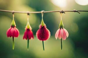 four pink flowers hanging from a wire. AI-Generated photo