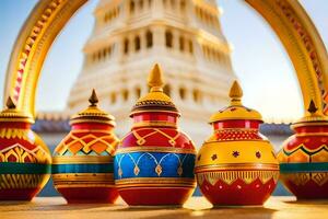 colorful vases are lined up in front of a temple. AI-Generated photo