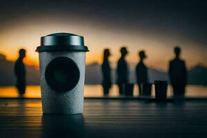 a coffee cup sits on a table with people in the background. AI-Generated photo