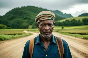 a man in a hat standing on a dirt road. AI-Generated photo