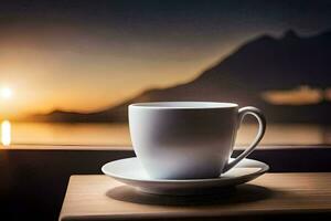 a cup of coffee on a table in front of a mountain. AI-Generated photo