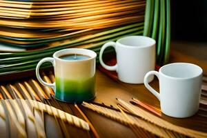 two coffee cups and a wooden tray with bamboo sticks. AI-Generated photo