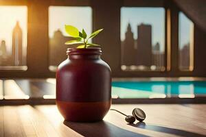 a plant in a jar with a city view. AI-Generated photo