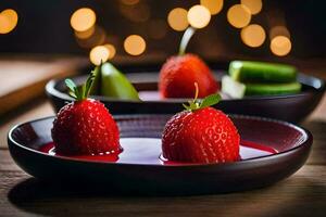 two strawberries are sitting on a plate with a slice of lime. AI-Generated photo