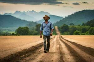 a man walking on a dirt road in front of mountains. AI-Generated photo