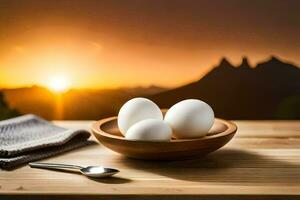 eggs in a bowl with a spoon and a mountain in the background. AI-Generated photo