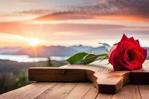 red rose on the wooden cross. AI-Generated photo