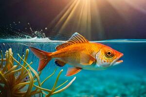 un pescado nadando en el Oceano con luz de sol brillante. generado por ai foto