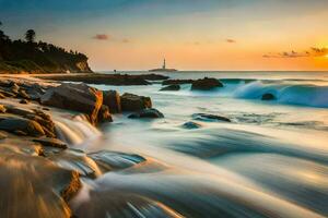 the waves crash against the rocks at the beach. AI-Generated photo