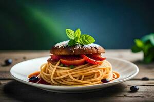 spaghetti with tomato sauce and basil leaves on a plate. AI-Generated photo