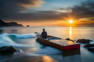 el hombre es sentado en un barco en el Oceano ondas. generado por ai foto