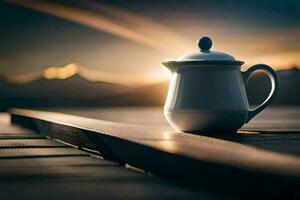 a white teapot sitting on a wooden table in front of a sunset. AI-Generated photo