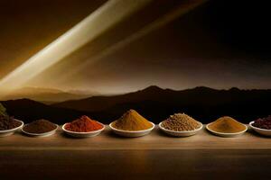 a row of different spices in bowls. AI-Generated photo