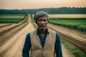 un hombre en pie en un campo con un turbante en. generado por ai foto