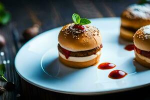 three mini hamburgers on a white plate. AI-Generated photo