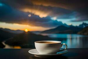 un taza de café en un mesa en frente de un hermosa puesta de sol. generado por ai foto