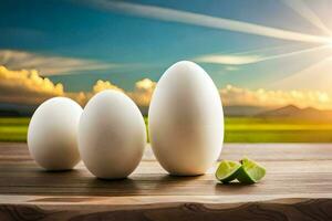 three eggs sit on a table with a lime. AI-Generated photo