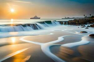 un barco es en el agua a puesta de sol. generado por ai foto