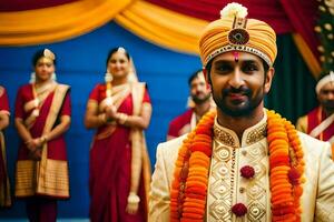 a man in a traditional indian outfit is smiling. AI-Generated photo