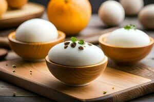 eggs in bowls with herbs and spices on a wooden cutting board. AI-Generated photo