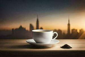 coffee cup and saucer on the table with cityscape in the background. AI-Generated photo