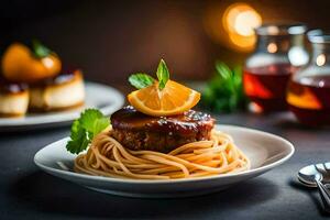 a plate of spaghetti with meat and orange slices. AI-Generated photo